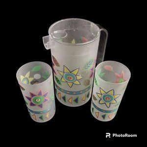 Vintage frosted fruit drinking glasses and pitcher - Set of 3